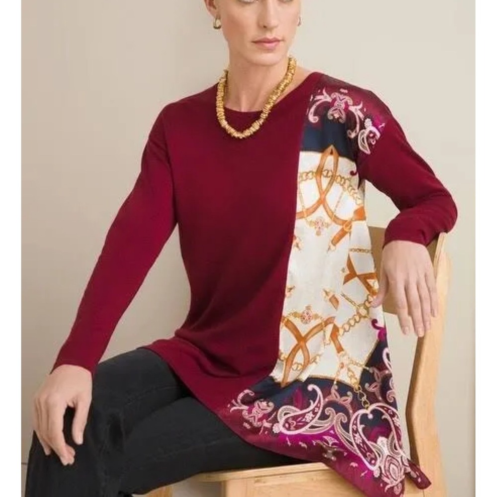 Chico's Womens Sz 3/XL Burgundy Silky Side Scarf Trim Pullover Sweater Academia